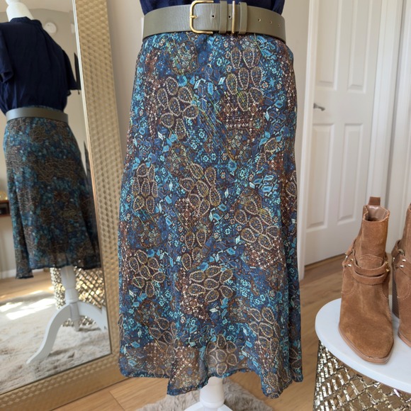 Cato Midi Skirt Blue Brown Paisley Print Elastic Waist Sheer Overlay Size S - Picture 2 of 7